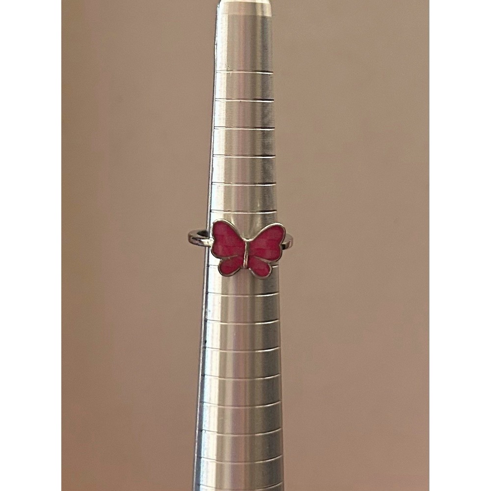 Silver Tone Metal Band Ring Pink Butterfly Design Size 4.5